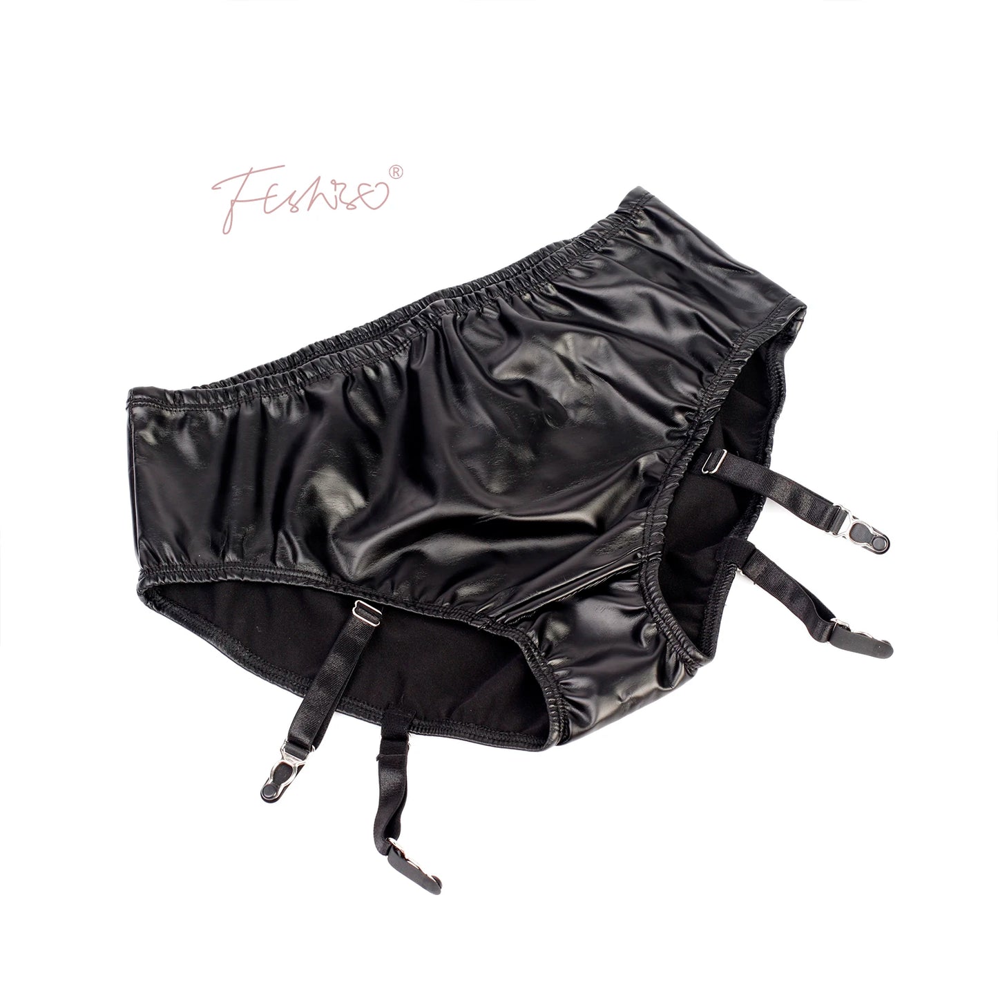 Ftshist Women's Wet Look Briefs High Waist Matte Black PU Leather Panties Fit Garter Socks Faux Leather Crossdress Lingerie