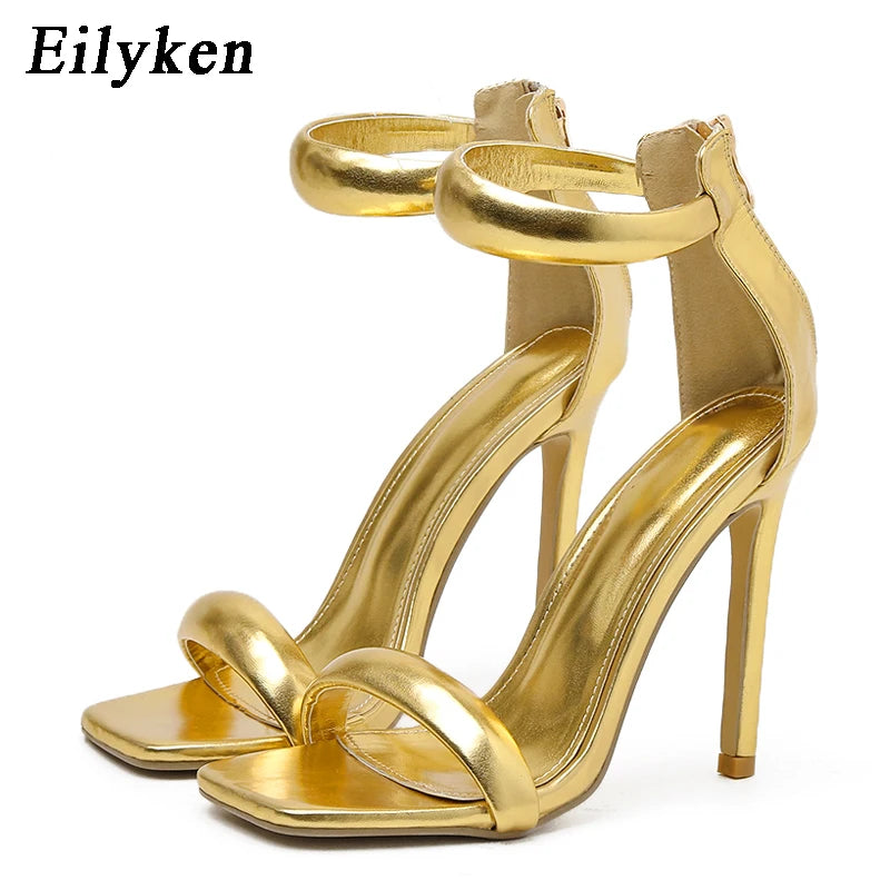 Eilyken Summer Silver Gold Peep Toe High Heel Sandals Sexy Buckle Strap Ankle-Wrap Ladies Club Women Stripper Shoes