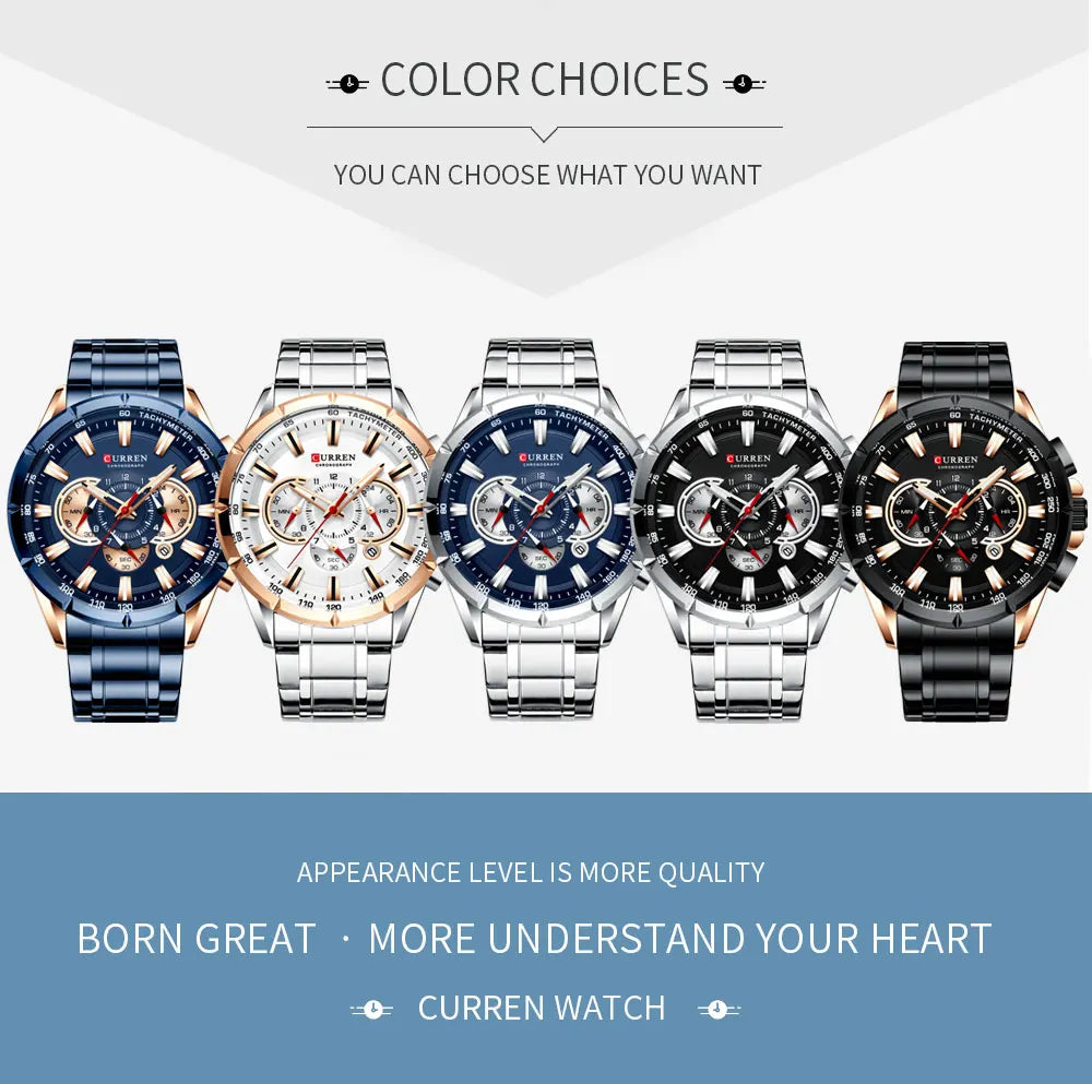 CURREN Men's Watch Fashion Sport Chronograph Wristwatch Mens Watches Top Brand Luxury Quartz Watch Stainless Steel Band