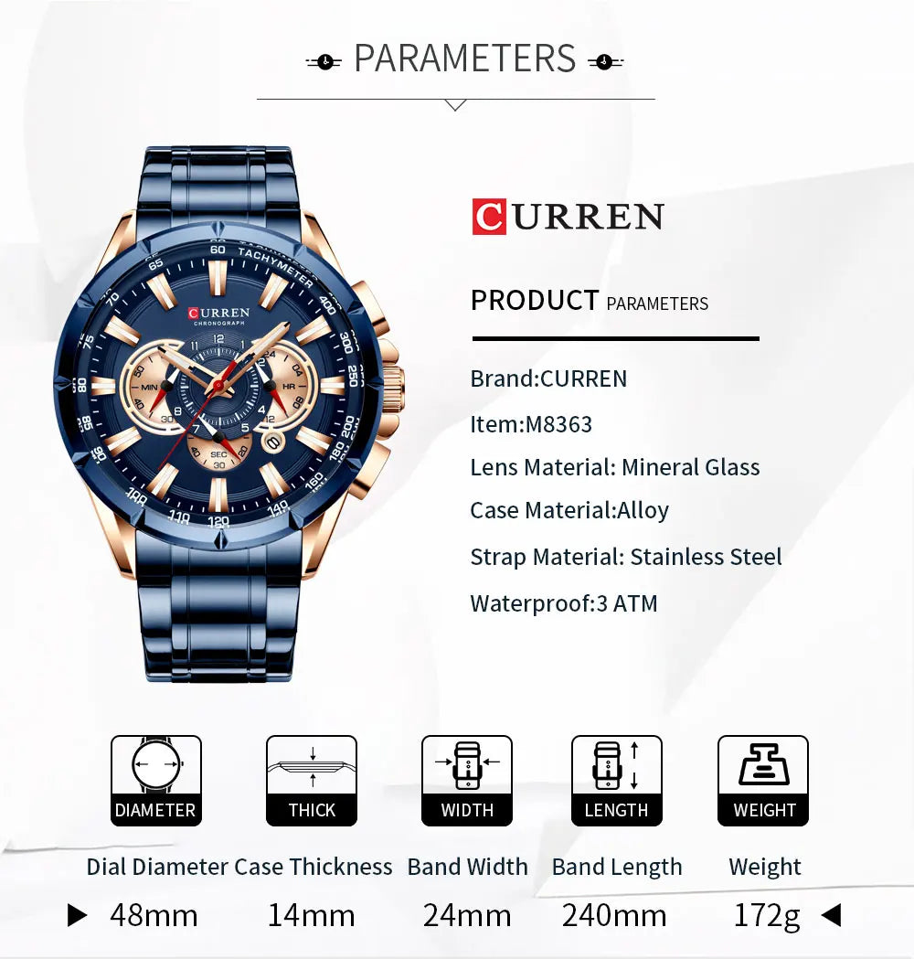 CURREN Men's Watch Fashion Sport Chronograph Wristwatch Mens Watches Top Brand Luxury Quartz Watch Stainless Steel Band