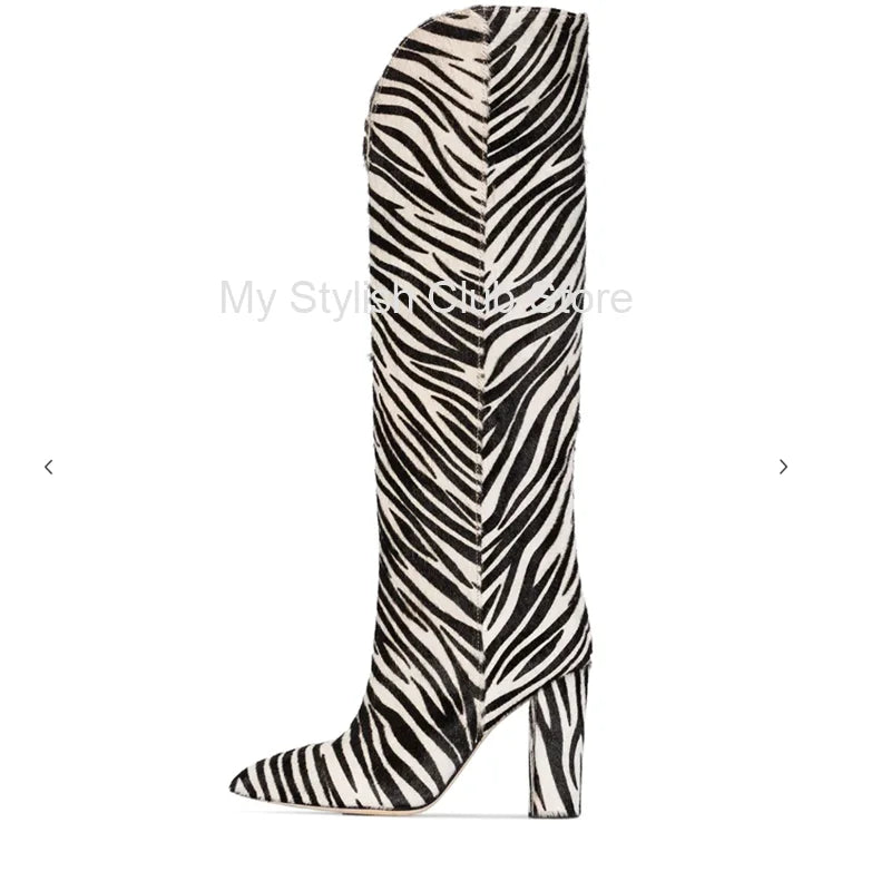 Zebra Pattern Knee High Boots Women Imitation Horse Hair Suede Boots 11 Cm Round Heel Boots Spring Autumn New Arrival High Boots