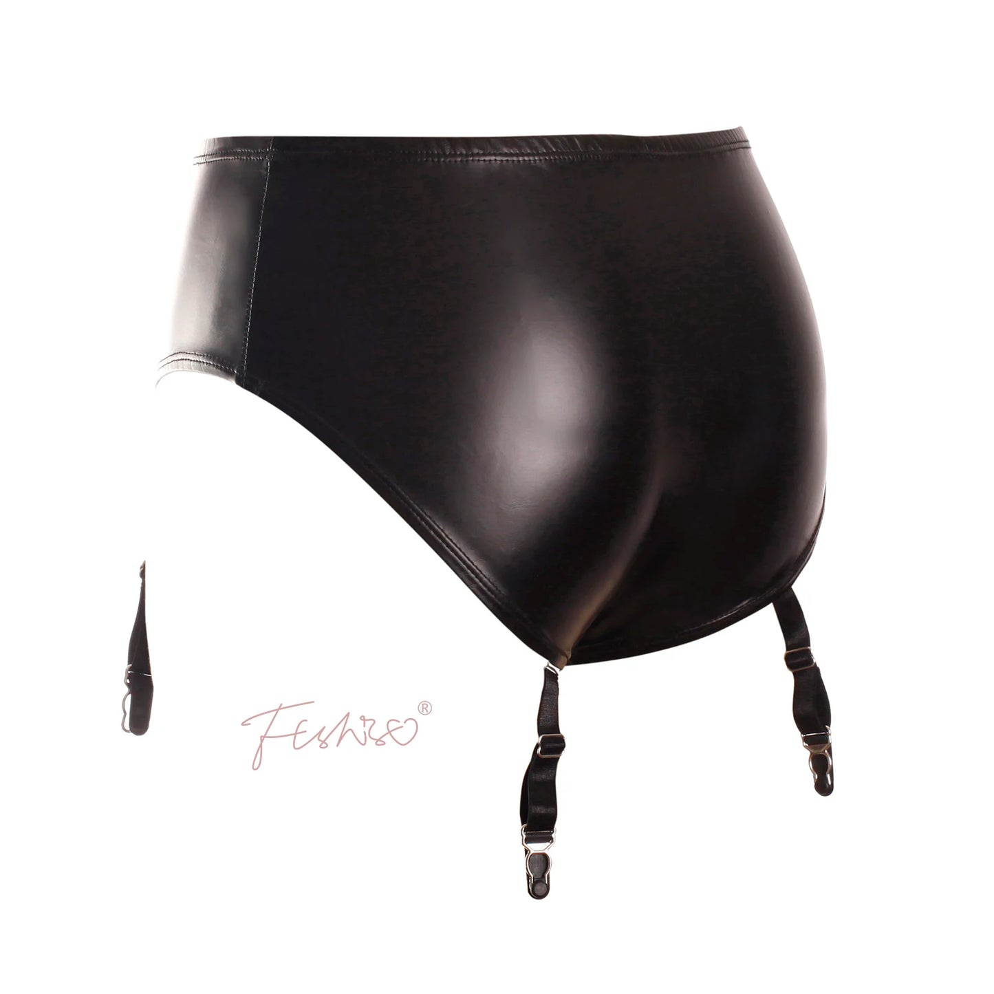 Ftshist Women's Wet Look Briefs High Waist Matte Black PU Leather Panties Fit Garter Socks Faux Leather Crossdress Lingerie
