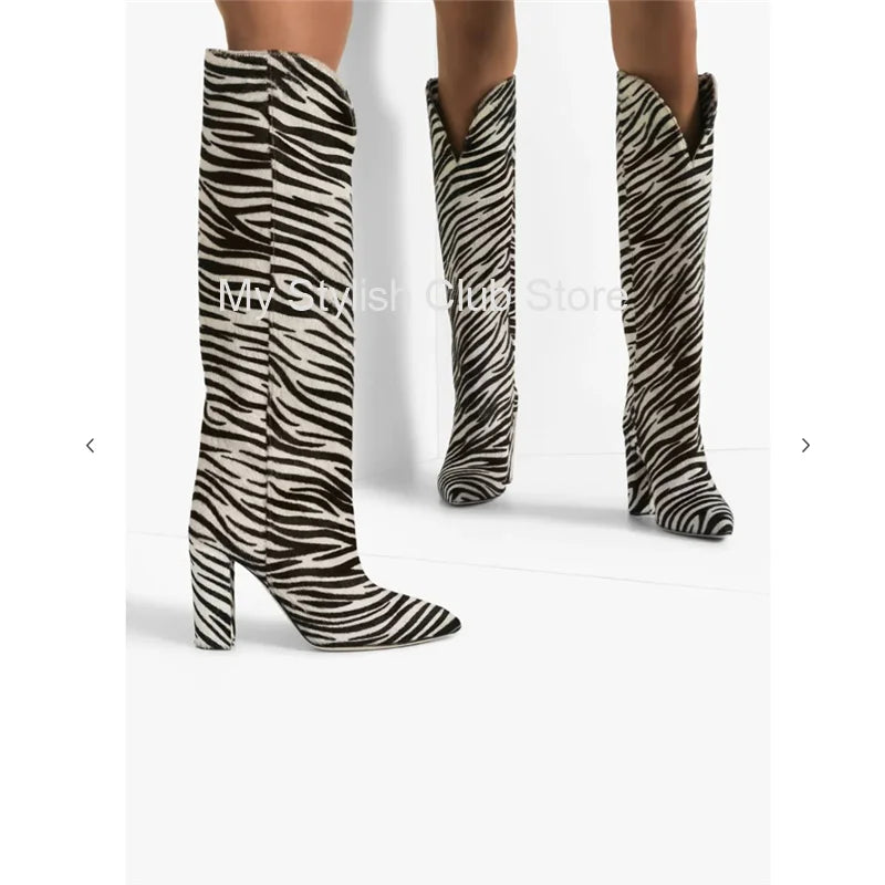Zebra Pattern Knee High Boots Women Imitation Horse Hair Suede Boots 11 Cm Round Heel Boots Spring Autumn New Arrival High Boots