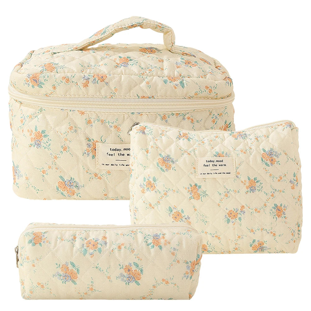3pcs Aesthetic Cosmetic Organizer Set Quilted Cotton Sweet Women Makeup Pouch Cherry/Heart Pattern Skincare Clutch Toiletry Bag