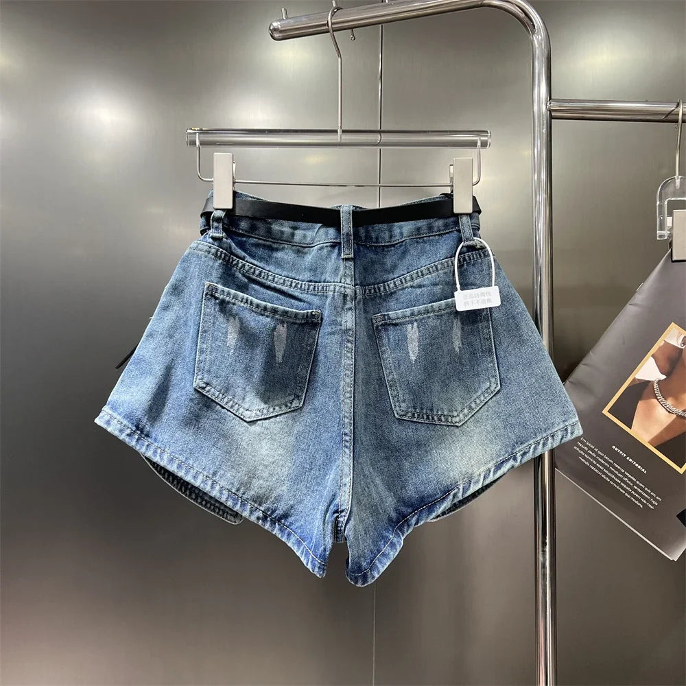Women's Elastic Bud Denim Shorts High Waist Pocket Loose Wide Leg Jeans Pants Streetwear Casual Summer Fashion Short Pants
