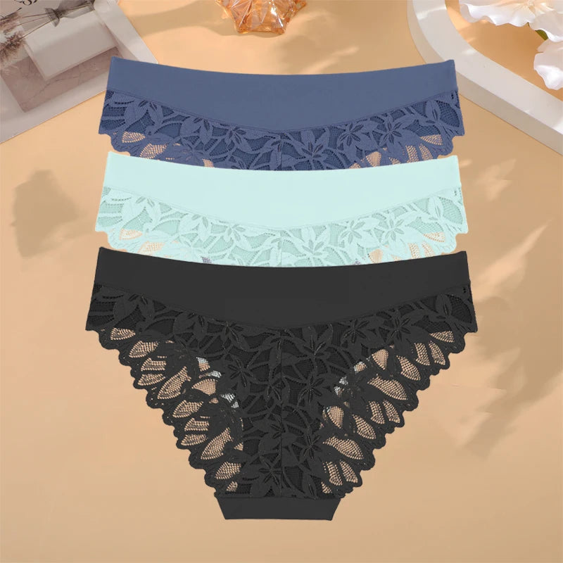 FINETOO 3Pcs Women Lace Floral Underwear Seamless Stretch Panties Sexy Hollow Out Low-Waist Briefs High Quality Comfort Lingerie
