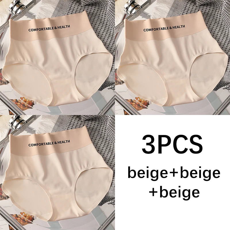FallSweet 3PCS Seamless Panties for Woman Ice Silk Underwear High Waist Briefs Solid Comfortable Underpants Sexy Female Lingerie