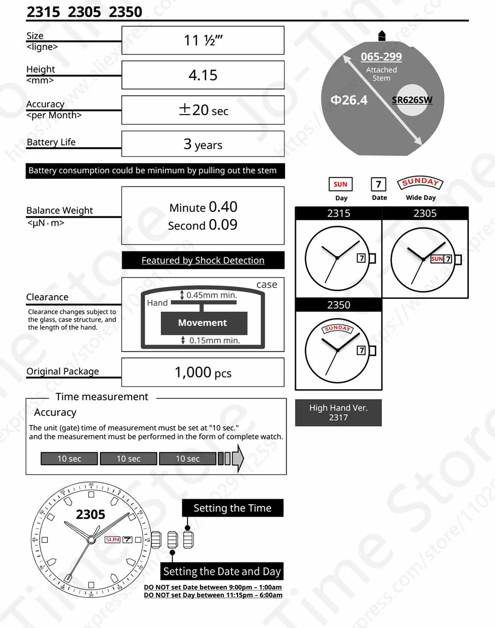 Miyota 2305 Standard Quartz Movement Day-Date Display Japan Origin Spain And English 2305-20A