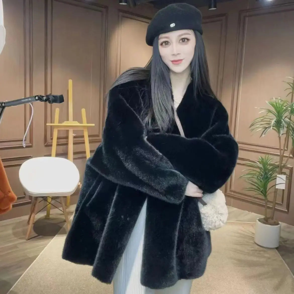 Faux Mink Fur Coat for Women, Open Stitch Jacket,V-Neck Outwear,Thick Furry,Autumn and Winter,New,2024