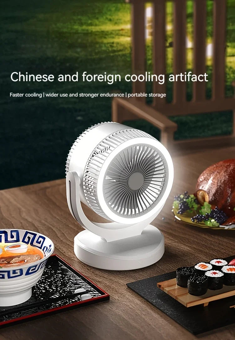 360-Degree Rotatable White Desk Fan with Night Light Charging Air Cycle Desktop Fan Adjustable Airflow for Indoor & Outdoor Use