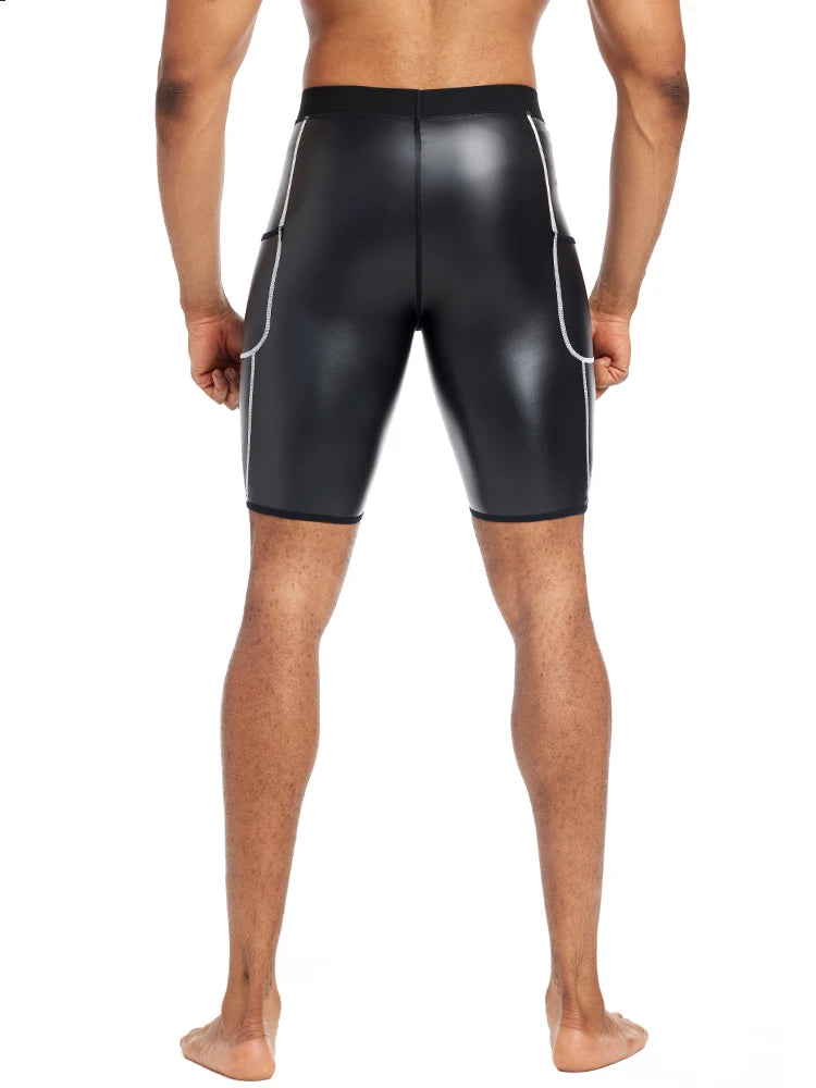 Men Fashion White Splicing Leather Shorts Body Shaper Waist Trainer High Waist Control Panties Fitness Leather Pants with Pocket