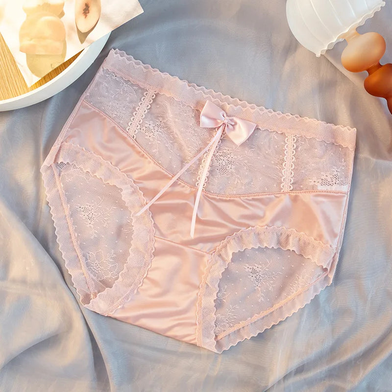 Women Sexy Lace Satin Smooth Middle Waist Panties Transparent Breathable Seamless Bow Underwear High Elasticity Soft Breifs