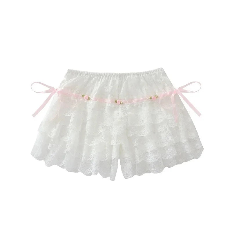 Multilayer Lace Shorts Women Lolita Ribbons Flower Ruffles Elastic Waist Cute Bottoming Shorts for Sweet Girls Kawaii Clothes