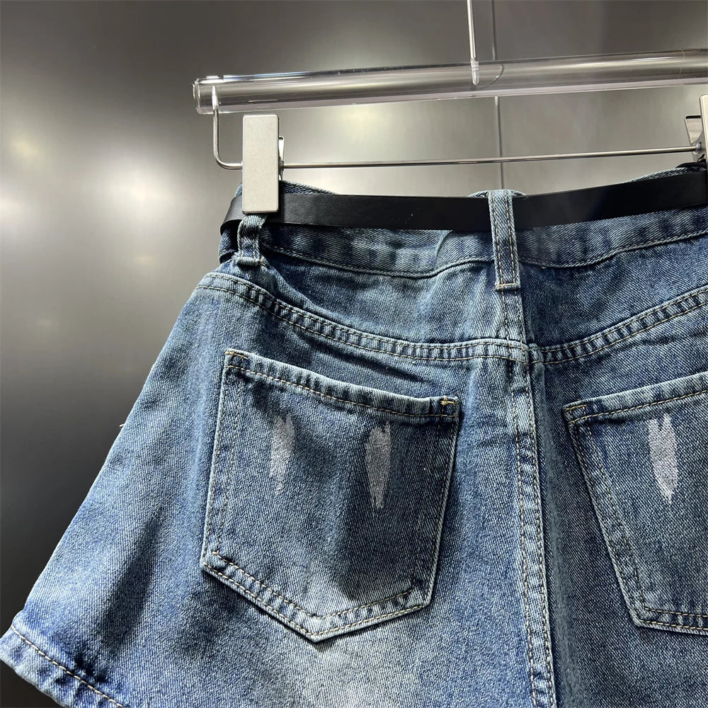 Women's Elastic Bud Denim Shorts High Waist Pocket Loose Wide Leg Jeans Pants Streetwear Casual Summer Fashion Short Pants