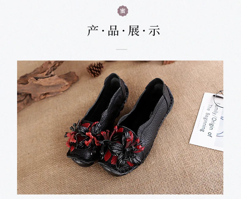 Genuine Leather Ballet Flats Women's Slip On Loafers Vintage Handmade Flower Soft Muffin Platform Casual Walk Dress Shoes Woman