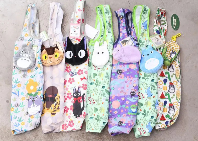 Anime Cartoon Foldable Shopping Bags Thick Nylon Large Tote Reusable Polyester Portable Shoulder Women's Handbags Folding Pouch