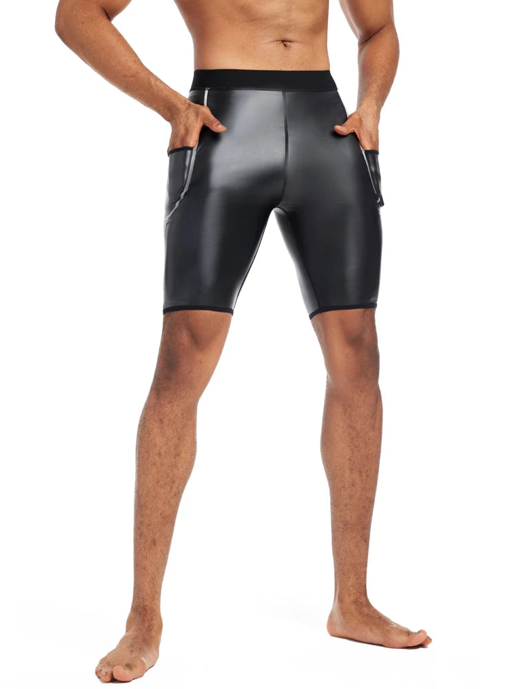 Men Fashion White Splicing Leather Shorts Body Shaper Waist Trainer High Waist Control Panties Fitness Leather Pants with Pocket