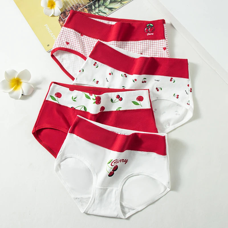 4Pcs/Set High Waist Cotton Panties Women Body Shaper Underwear Seamless Cute Girls Briefs Lucky Red Female Lingerie M-2XL