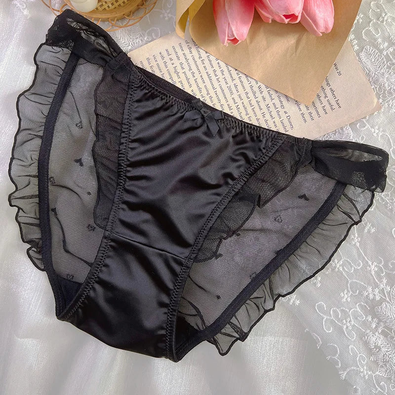 Women Sexy Mesh Satin Lace Ruffles Underwear Transparent Bow Cute Lovely Low Waist Thin Breathable Panties High Forks Breifs