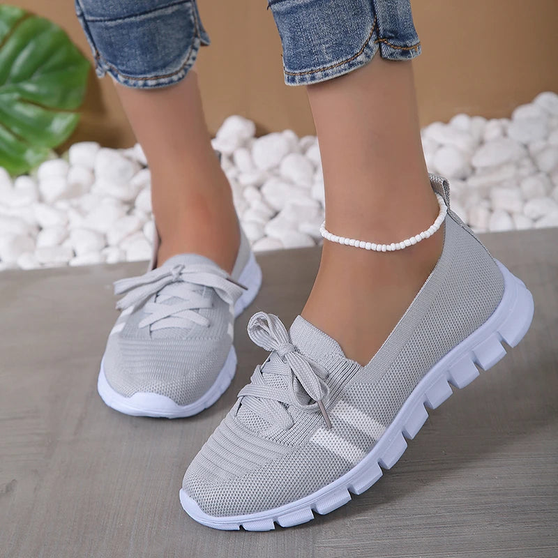 Lightweight Women Casual Shoes Mesh Breathable Casual Sneakers Woman Striped Knitted Flats Comfortable Walking Shoes Plus Size