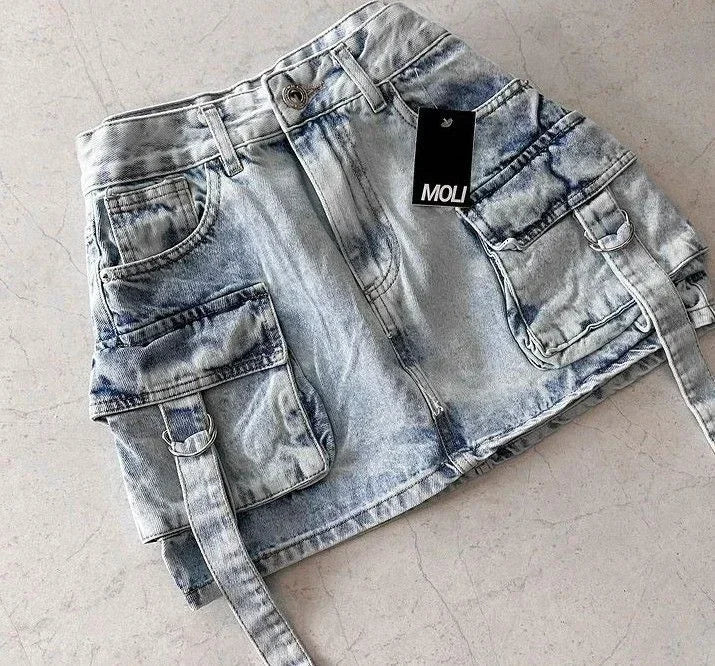 Y2K Short Skirt Fashion Gothic Cargo Baggy Denim Shorts Retro Blue Multi Pocket Denim Shorts Womens High Waist Slim Mini Skirt