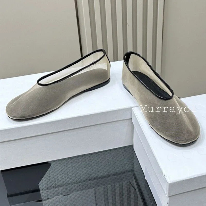 New Round Toe Mesh Breathable Mary Jane Shoes Women Solid Color Flat Shoes Summer Leisure Vacation Single Shoes Loafers