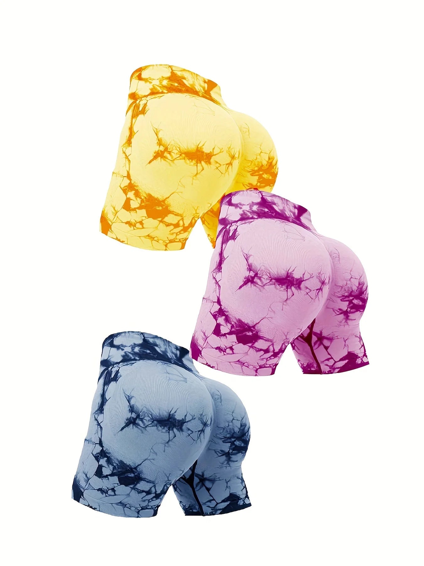 3pcs women's sports waist tightening and hip lifting fitness tie dye shorts