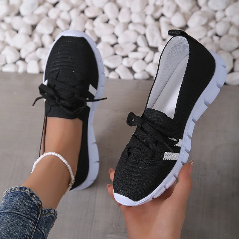 Lightweight Women Casual Shoes Mesh Breathable Casual Sneakers Woman Striped Knitted Flats Comfortable Walking Shoes Plus Size