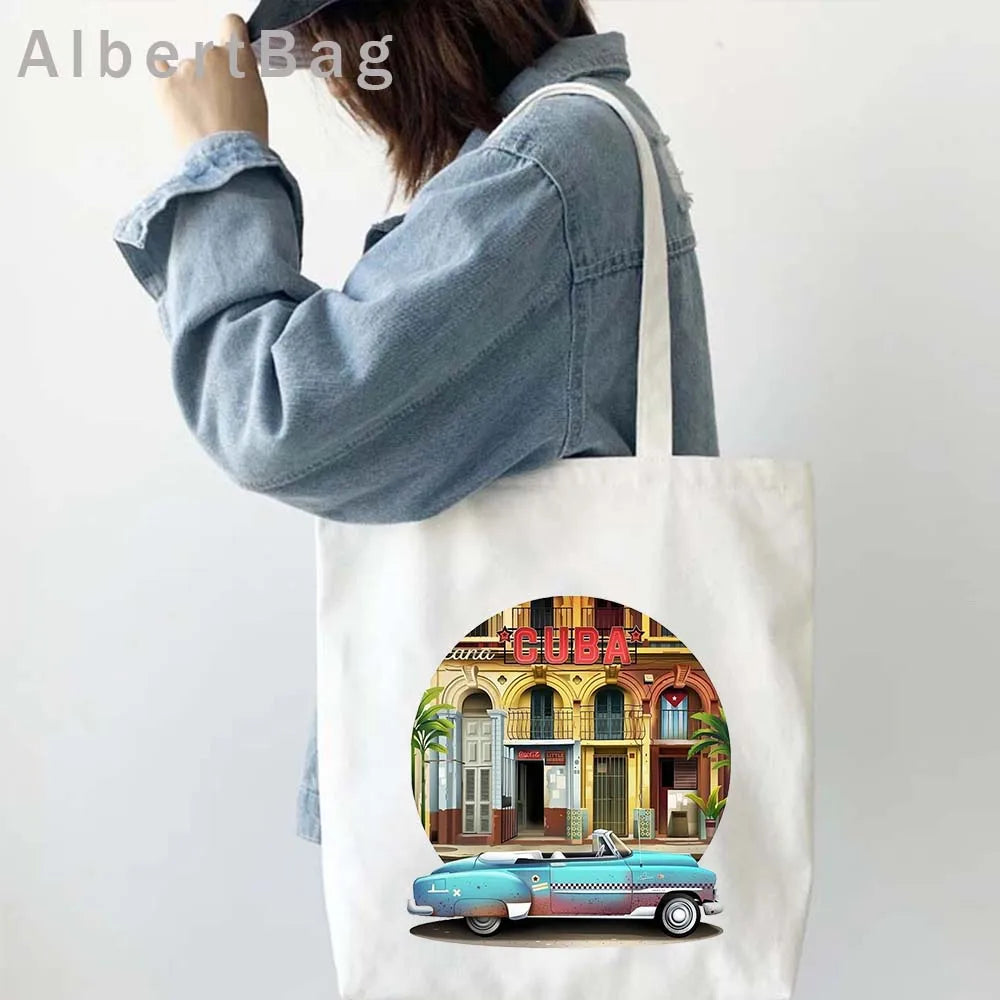 Cuba Country Map Flag Havana Travel Cuban Watercor Shopper Harajuku Canvas Totes Bag Cubana Girl Gift Love Heart Cotton Handbags
