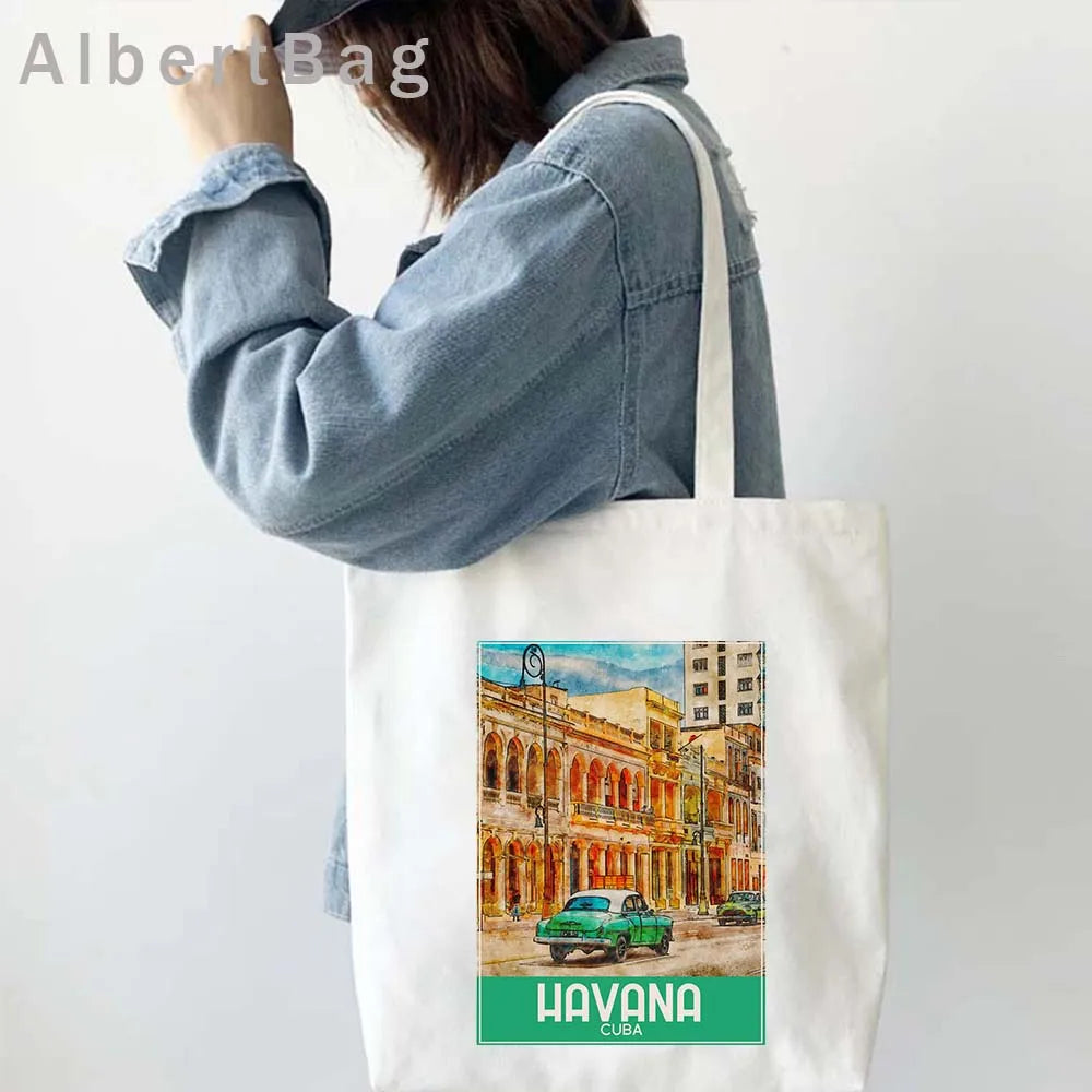 Cuba Country Map Flag Havana Travel Cuban Watercor Shopper Harajuku Canvas Totes Bag Cubana Girl Gift Love Heart Cotton Handbags