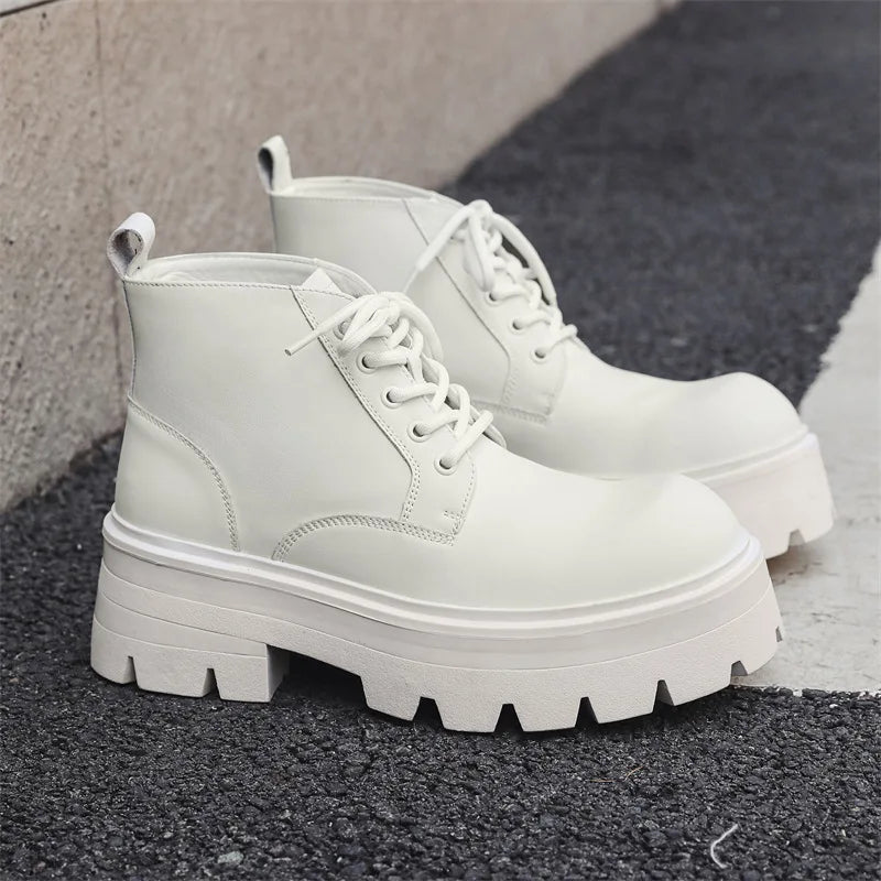 Korean style men fashion platform boots black white genuine leather shoes cowboy chunky boot spring autumn cool ankle botas mans
