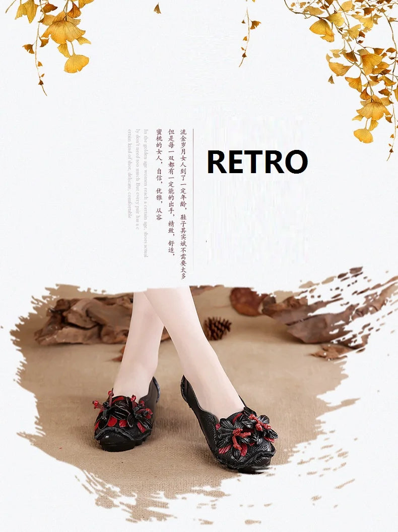 Genuine Leather Ballet Flats Women's Slip On Loafers Vintage Handmade Flower Soft Muffin Platform Casual Walk Dress Shoes Woman