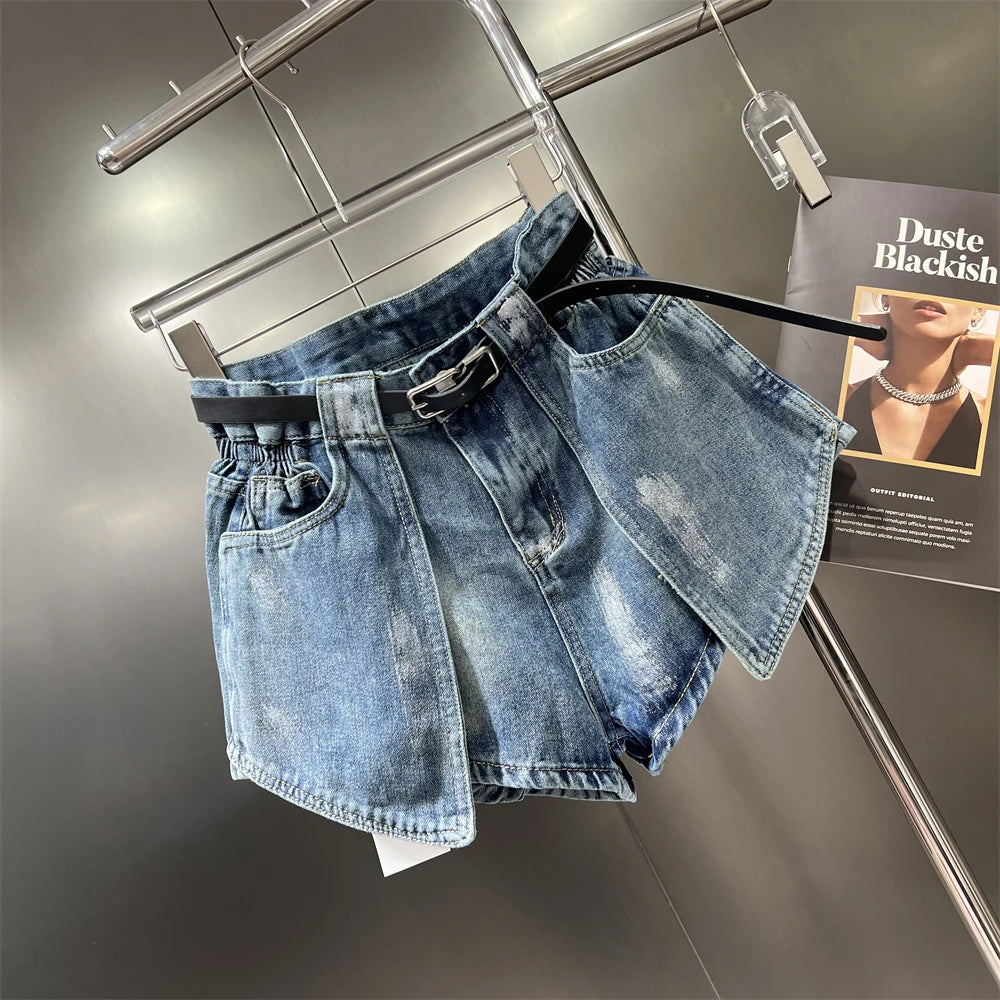 Women's Elastic Bud Denim Shorts High Waist Pocket Loose Wide Leg Jeans Pants Streetwear Casual Summer Fashion Short Pants