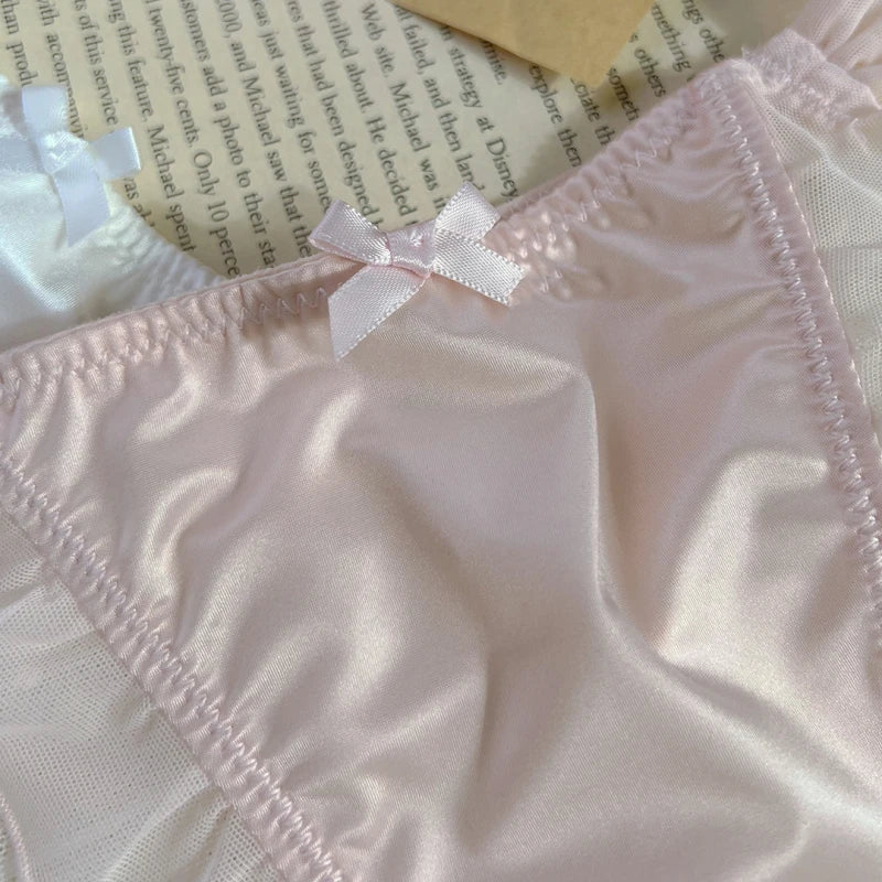 Women Sexy Mesh Satin Lace Ruffles Underwear Transparent Bow Cute Lovely Low Waist Thin Breathable Panties High Forks Breifs