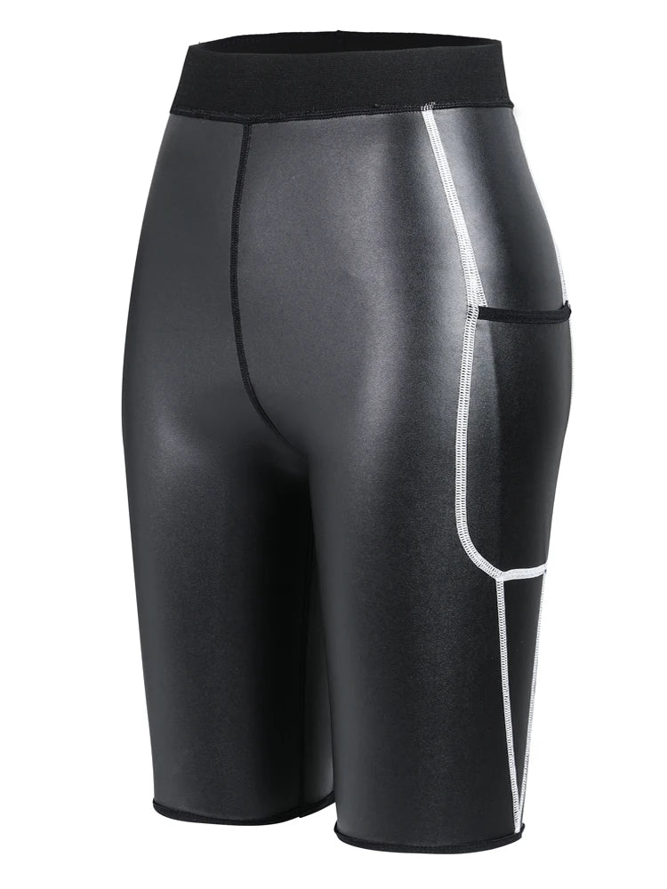 Men Fashion White Splicing Leather Shorts Body Shaper Waist Trainer High Waist Control Panties Fitness Leather Pants with Pocket