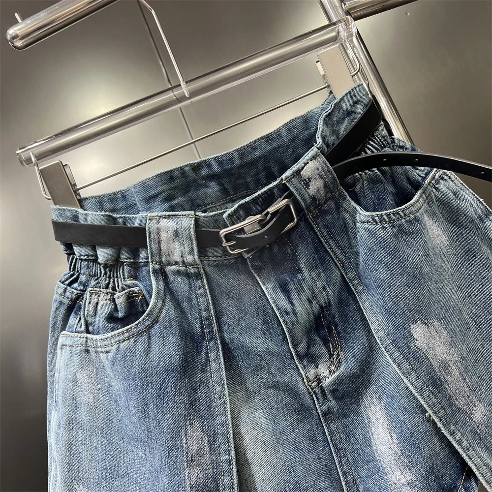 Women's Elastic Bud Denim Shorts High Waist Pocket Loose Wide Leg Jeans Pants Streetwear Casual Summer Fashion Short Pants