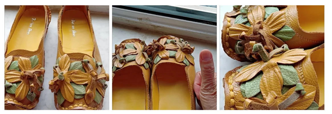 Genuine Leather Ballet Flats Women's Slip On Loafers Vintage Handmade Flower Soft Muffin Platform Casual Walk Dress Shoes Woman