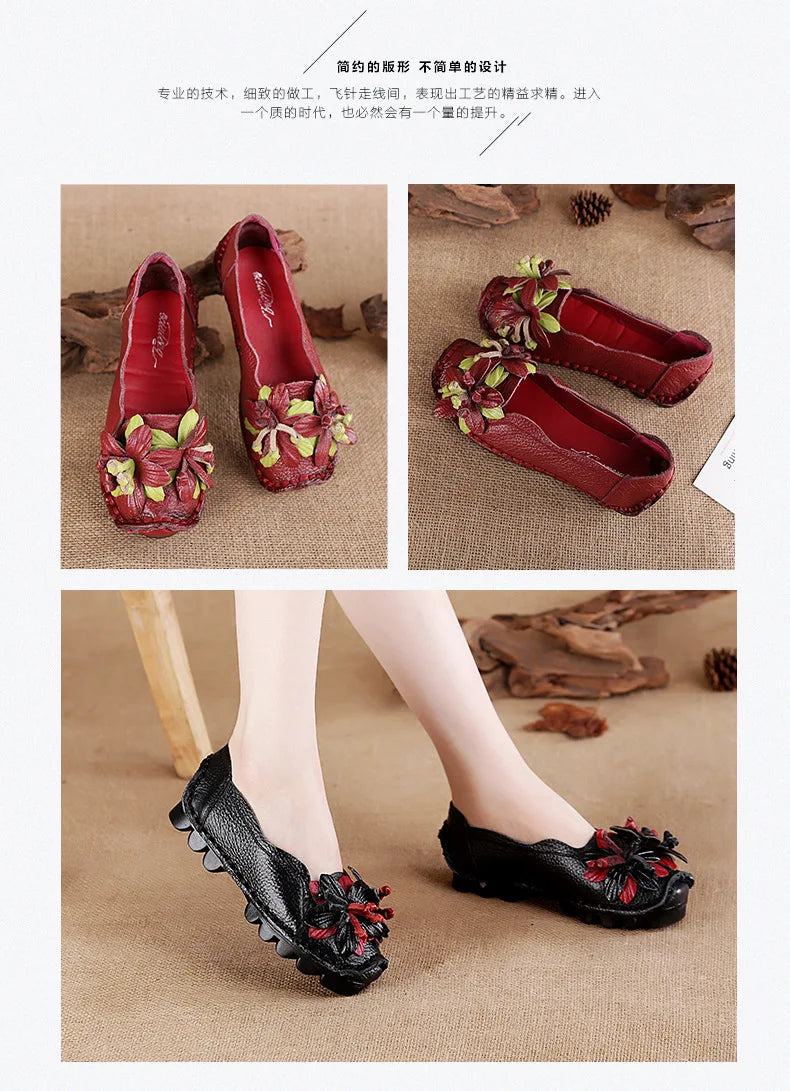 Genuine Leather Ballet Flats Women's Slip On Loafers Vintage Handmade Flower Soft Muffin Platform Casual Walk Dress Shoes Woman