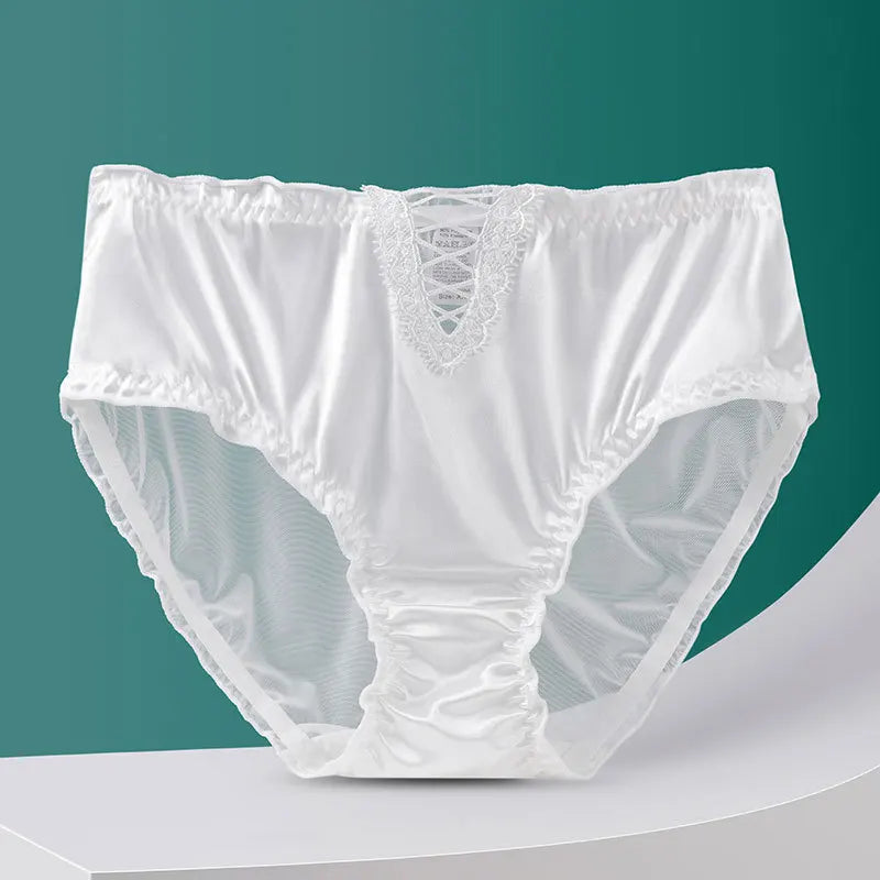 Sexy Hollow Lace Women Middle Waist Underwear High Elasticity Mesh Transparent Panties Satin Smooth Breathable Seamless Breifs
