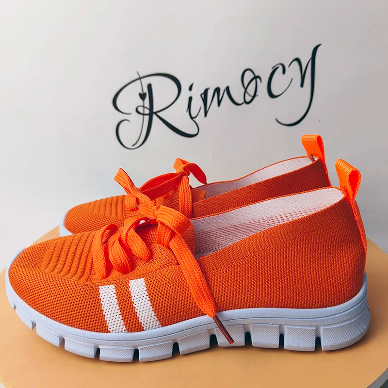 Lightweight Women Casual Shoes Mesh Breathable Casual Sneakers Woman Striped Knitted Flats Comfortable Walking Shoes Plus Size