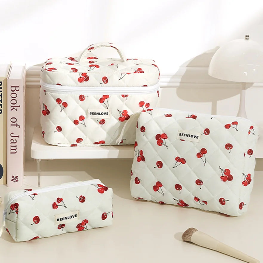 3pcs Aesthetic Cosmetic Organizer Set Quilted Cotton Sweet Women Makeup Pouch Cherry/Heart Pattern Skincare Clutch Toiletry Bag