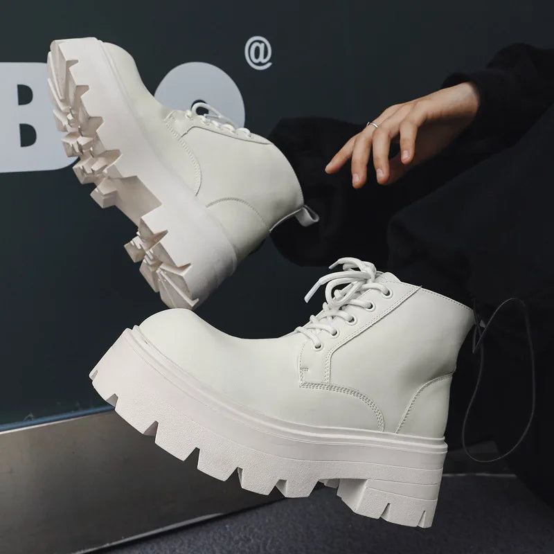Korean style men fashion platform boots black white genuine leather shoes cowboy chunky boot spring autumn cool ankle botas mans