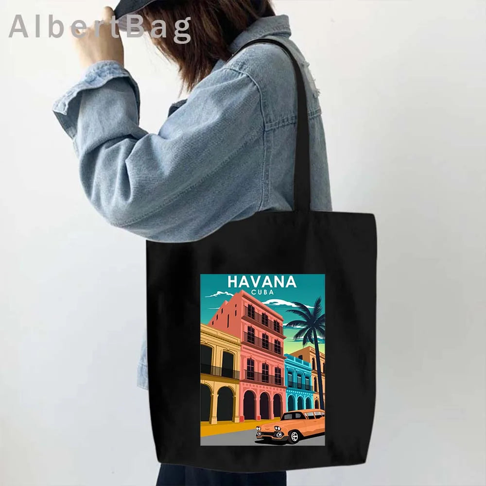 Cuba Country Map Flag Havana Travel Cuban Watercor Shopper Harajuku Canvas Totes Bag Cubana Girl Gift Love Heart Cotton Handbags