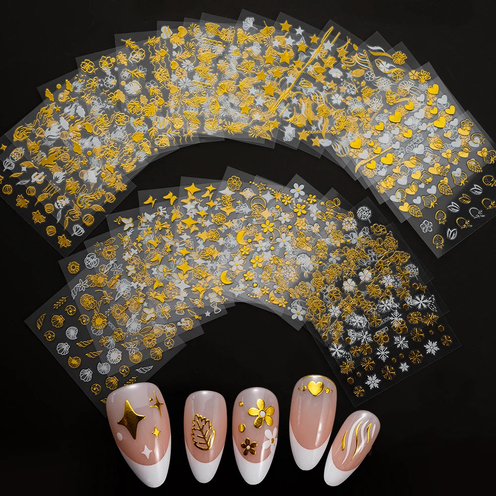 3D Gold Bronzing Moon Star Nail Stickers 20/30pcs Metallic Geometry Line Nail Decals Adhesive Metallic Laser Manicure Slider 6cm