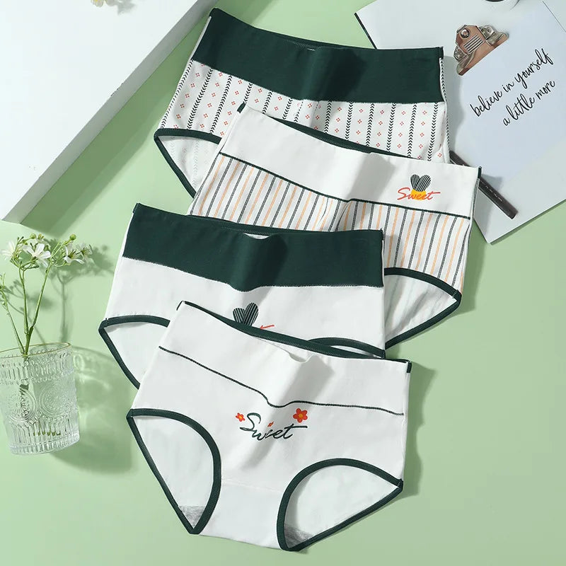 Fashion Print 4Pcs High Waist Cotton Panties Women Body Shaper Underwear Breathable Cute Girls Briefs Slimming Female Lingerie