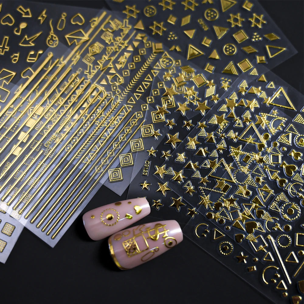 3D Gold Bronzing Moon Star Nail Stickers 20/30pcs Metallic Geometry Line Nail Decals Adhesive Metallic Laser Manicure Slider 6cm