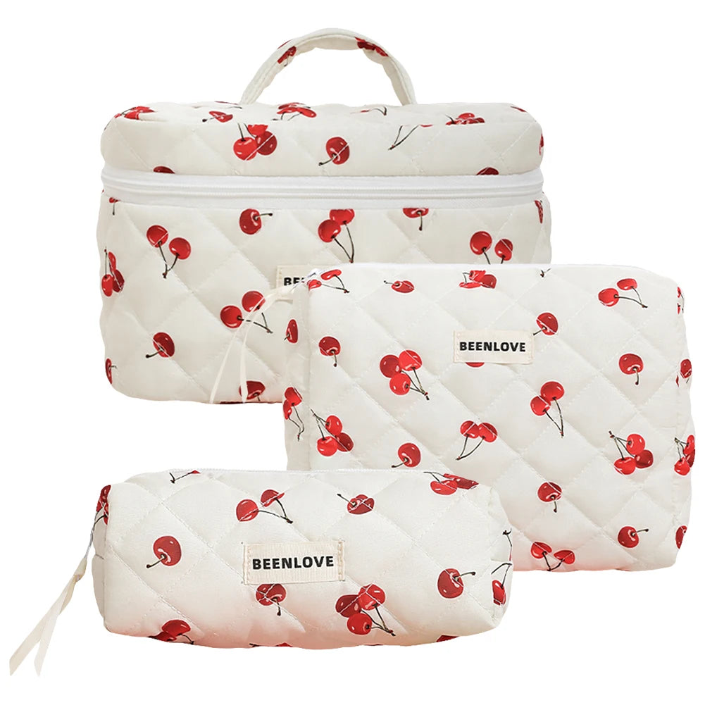 3pcs Aesthetic Cosmetic Organizer Set Quilted Cotton Sweet Women Makeup Pouch Cherry/Heart Pattern Skincare Clutch Toiletry Bag