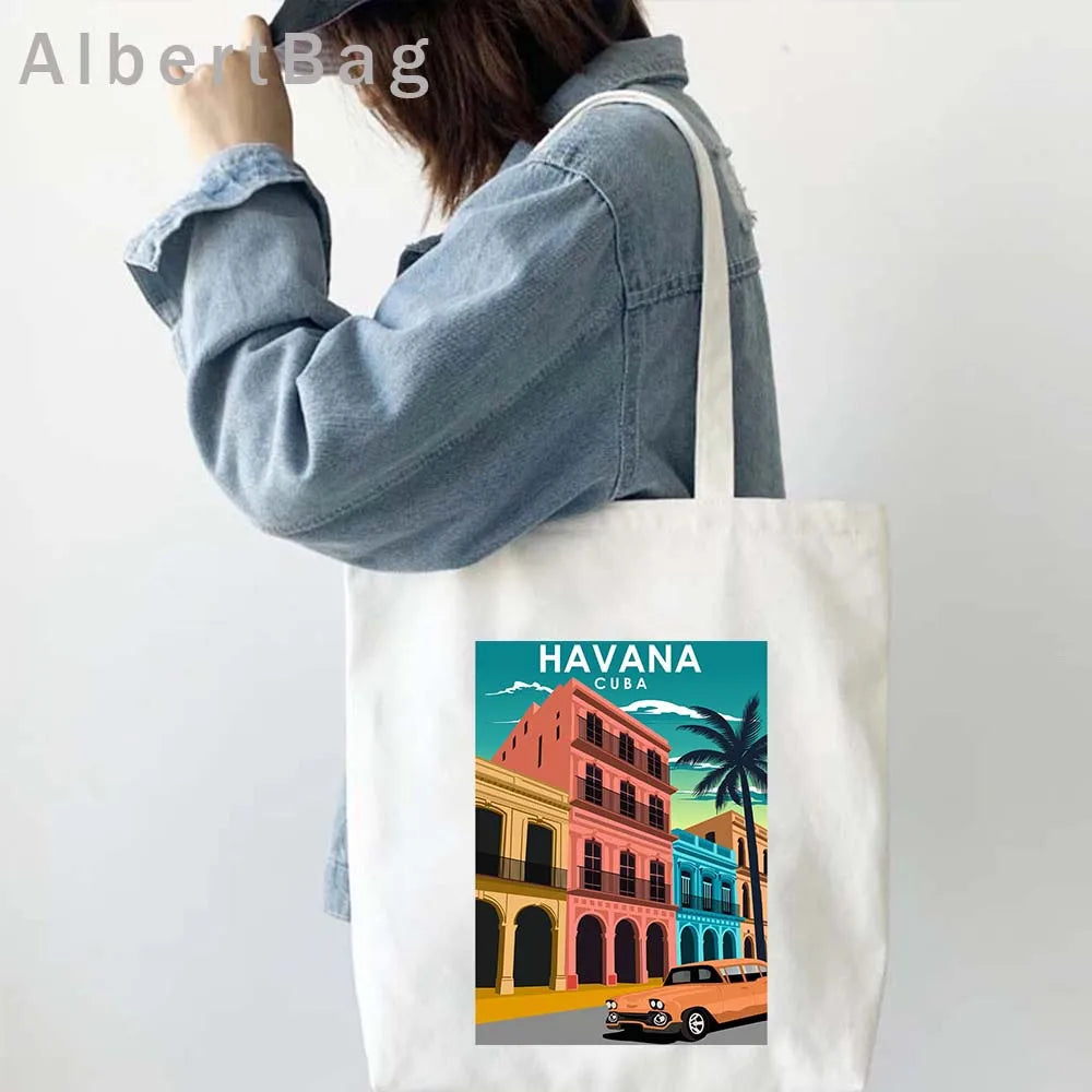 Cuba Country Map Flag Havana Travel Cuban Watercor Shopper Harajuku Canvas Totes Bag Cubana Girl Gift Love Heart Cotton Handbags