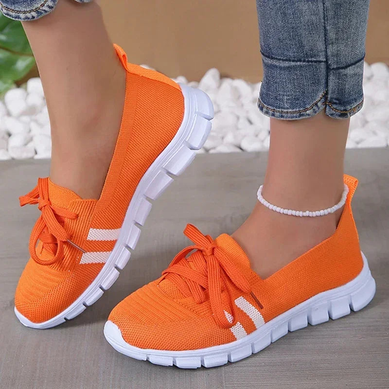 Lightweight Women Casual Shoes Mesh Breathable Casual Sneakers Woman Striped Knitted Flats Comfortable Walking Shoes Plus Size