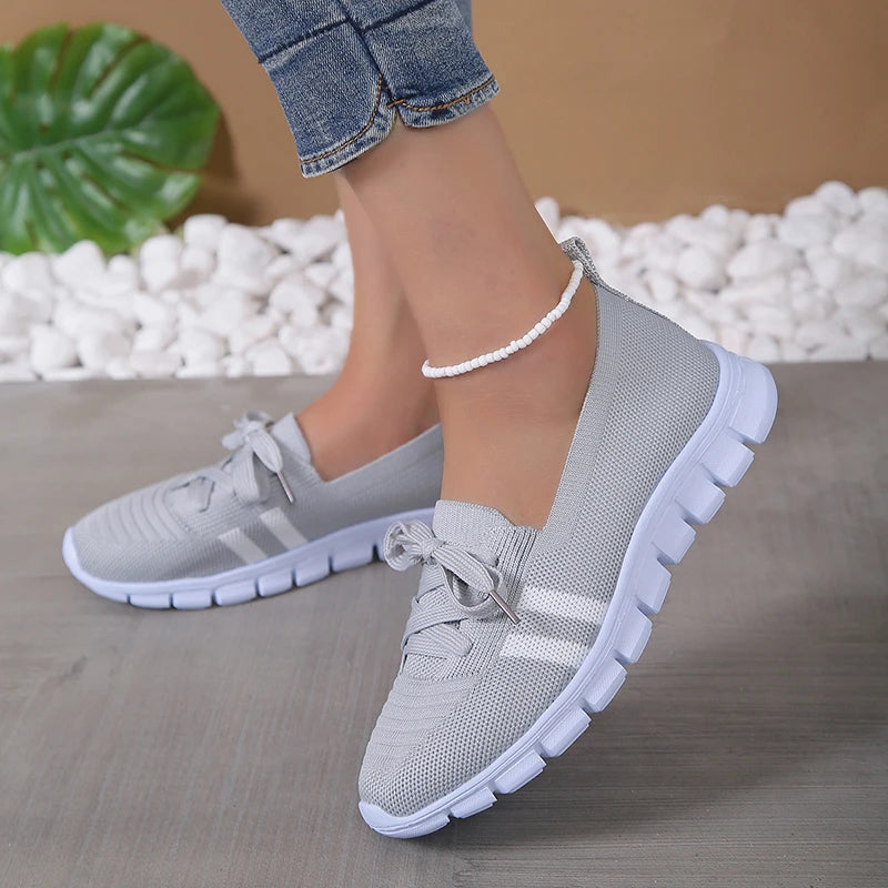 Lightweight Women Casual Shoes Mesh Breathable Casual Sneakers Woman Striped Knitted Flats Comfortable Walking Shoes Plus Size